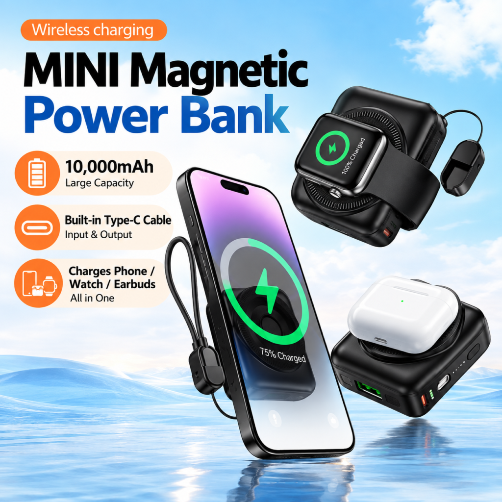 batterie magnétique 3 en 1 sur fond céleste